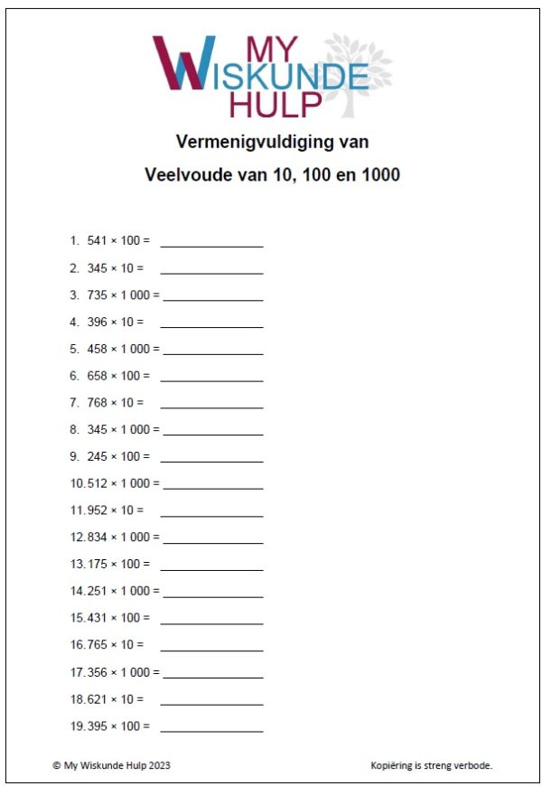 Vermenigvuldiging Veelvoude van 10 100 1000